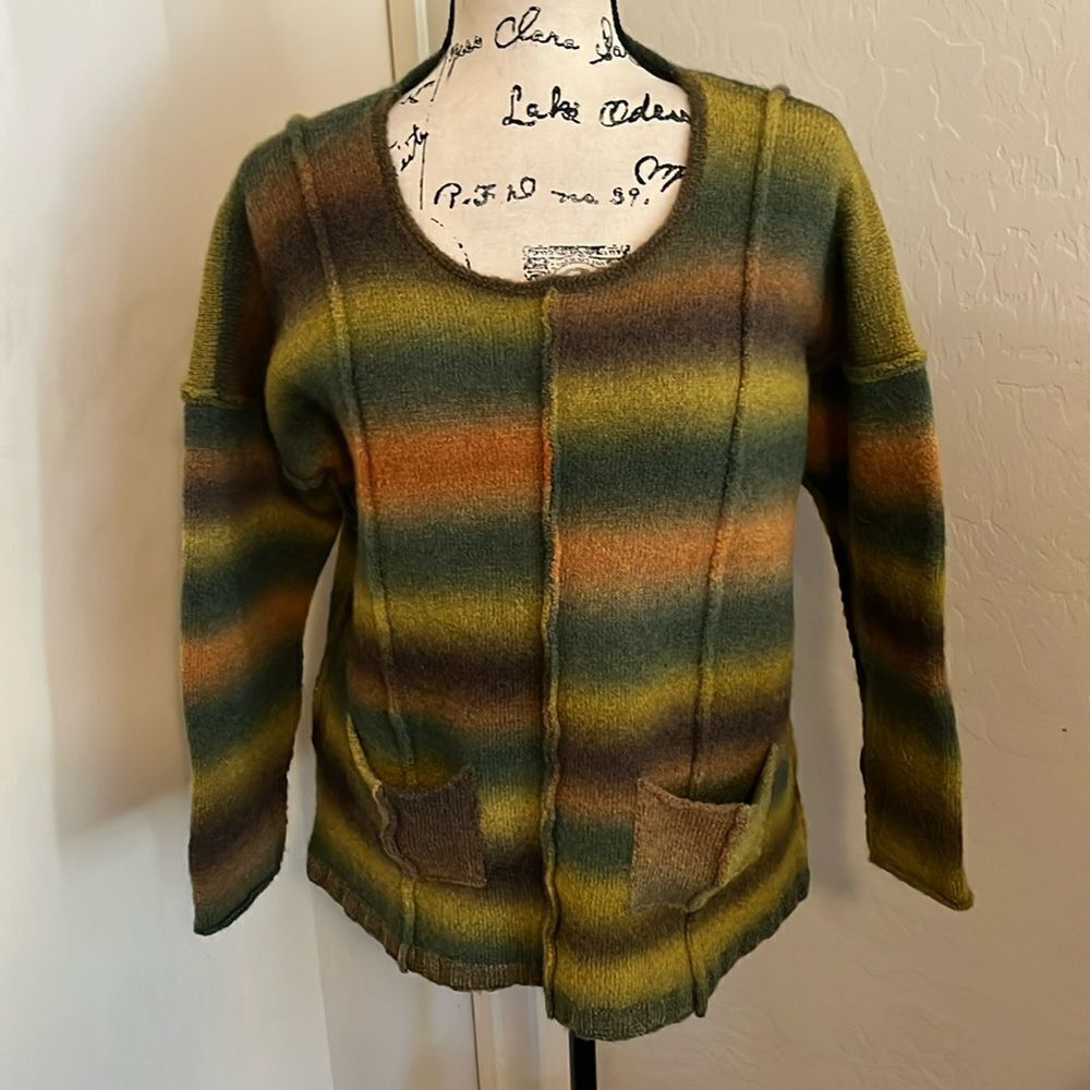 Flax Stripe Merino Wool Blend Multi Colors Pockets Pullover Sweater Boho Casual